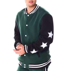เสื้อแจ็คเก็ตวาร์ซิตี้สีเขียวสำหรับผู้ชาย แขนสีดำ แต่งขอบสีขาว เสื้อคลุมลำลองทรงปกติ ปกเสื้อพับลง ติดกระดุม - Product Image 3