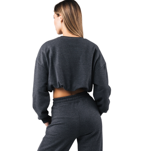 Sweat-shirt court à col rond pour femme, noir chiné, en molleton doux, à manches longues, décontracté, pour le sport et les loisirs, à porter au quotidien - Product Image 4