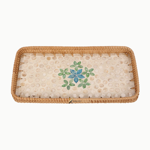 Bandeja rectangular de ratán y madera hecha a mano con incrustaciones florales de nácar, bandeja decorativa para servir comida para el hogar y regalos. - Product Image 1