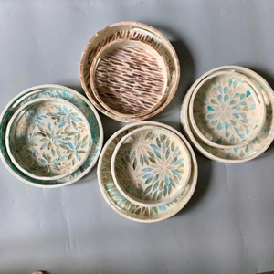 NHAT MINH Set of 2 <b>Round</b> Mother-of-Pearl Inlaid Bohemian Fruit Pattern Food <b>Trays</b> and Tea Cup Set - Product Image 3
