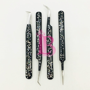 Black Color With Glitter Eyelash Tweezers Anti Slip Best Stainless Steel Lash Extension Tweezers <b>Set</b> Sustainable Mink Low MOQ - Product Image 2