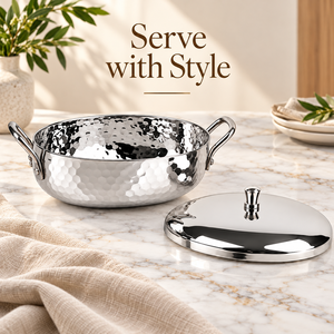 Casserole ovale en acier inoxydable avec finition martelée, couvercle et longue poignée, pour la cuisine - Product Image 2