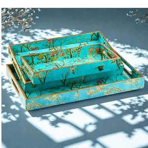 Ensemble de plateaux de service rectangulaires en bois moderne avec motif floral et bordure plaquée or pour la maison, la salle à manger, le bureau - Product Image 1