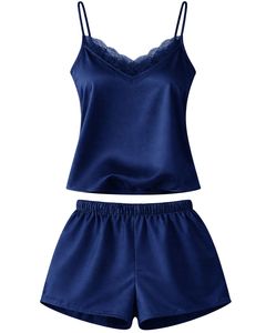 Navy Blue Satin Camisole Shorts Set Women Sleepwear <b>Lace</b> Trim Spaghetti Strap Soft Breathable Summer Nightwear Pajama Set Lounge - Product Image 1