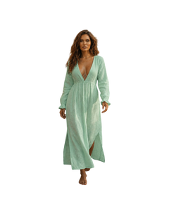 Vestido Maxi de Gasa de Algodón Verde Menta para Mujer, Cuello en V Profundo, Manga Larga, para Vacaciones en la Playa, Vestido de Verano - Product Image 1