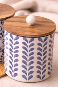 Ceramic Food <b>Storage</b> <b>Jar</b> Square Shape Blue Flower Design Wooden Lid Airtight Handcrafted <b>For</b> <b>Kitchen</b> Use - Product Image 1