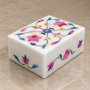 Boîte à bijoux rectangulaire moderne en marbre Stonecrafts International avec incrustation florale pour le rangement - Product Image 1