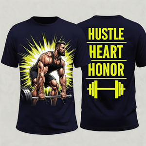 Camiseta Ajustada de Manga Corta para Hombre, Diseño Hustle Heart Honor Barbell, Ropa Deportiva, 100% Algodón, Impresión Serigráfica - Product Image 1
