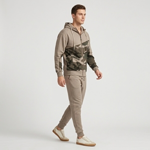 Modern Men's Taupe <b>Tracksuit</b> with Dark Green <b>Camouflage</b> Panels and Matching Casual Jogger Trousers - Product Image 3