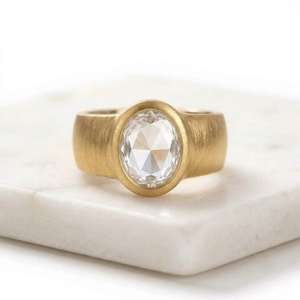 Premium Quality Oval Rose Cut Lab Grown Diamond 10K 14K 18K Solid Gold Signet Gold Bezel Platinum Wedding Statement Unisex Ring - Product Image 1
