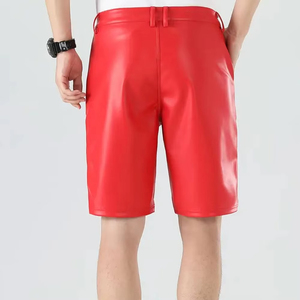Men's Red PU Coated Bermuda Shorts Mid Waist Button Fly Casual Style Solid Color Woven Fabric - Product Image 4