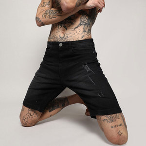 Shorts Bermuda en jean noir déchiré pour homme, taille mi-haute, fermeture éclair, décontracté, en coton tissé respirant, coupe ajustée, écologique, anti-UV, séchage rapide - Product Image 1