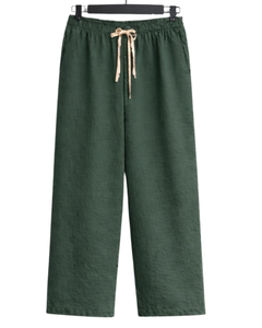 Conjunto de pijama de lino y algodón para mujer, color beige y verde, camisa con botones y bolsillo bordado y pantalones con cordón, conjunto informal para estar en casa - Product Image 2