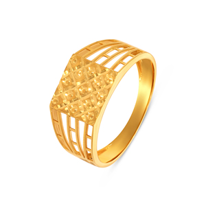 Modern Gold Geometric Statement <b>Ring</b> with <b>Open</b> Grid Lattice Band Textured Rectangular Center Panel and Bold Wide Design <b>Ring</b> - Product Image 1