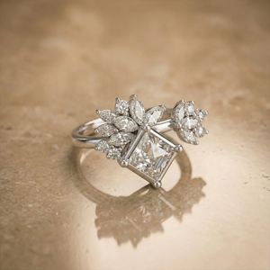 Anillo de Compromiso de Oro Sólido de 18K para Mujer, Corte Asscher, Diseño de Flor, Estilo Romántico, Joyería Fina - Product Image 1
