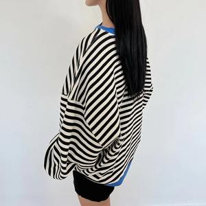 OEM Customized Logo <b>Patchwork</b> Jumper Cotton Long Sleeve Casual Crew Neck Pullover <b>Tops</b> Striped Oversized Sweatshirt for Women - Product Image 3