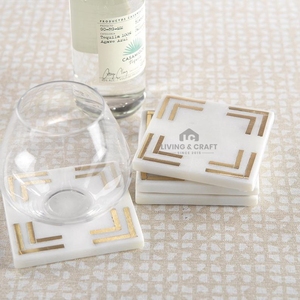 Sous-verres en marbre blanc avec incrustations dorées - Ensemble de 4 sous-verres carrés en pierre faits à la main - Vaisselle et articles de cuisine de luxe - Product Image 4