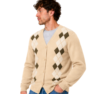Cárdigan de punto beige para hombre con cuello en V, diseño de rombos, botones frontales, mangas largas, estilo clásico informal, tejido suave. - Product Image 1