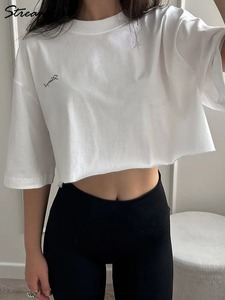 เสื้อยืดโอเวอร์ไซส์ทรงครอป แขนสั้น คอกลม ผ้าฝ้าย สไตล์ลำลอง สตรีทแวร์ สำหรับผู้หญิง - Product Image 2