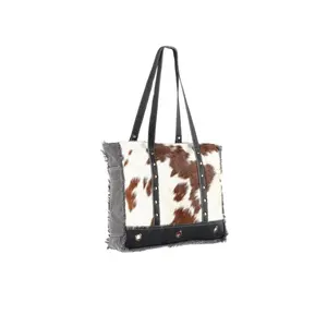 Canvas Tote Handbag with Hair on cowhide Made With Recycled Vintage Canvas With Inside Zipper Top Indian Manufacturer & Supplier
