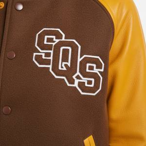 Chaqueta Varsity Premium para Mujer de Lana y Cuero - Marrón, Amarillo y Naranja con Logotipo SQS - Product Image 6