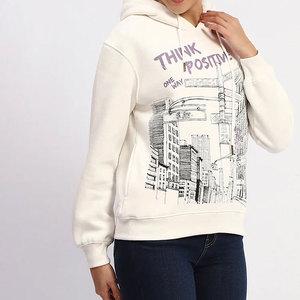 Sweat à capuche crème pour femme avec imprimé urbain et motif lettres 'Think Positive', style décontracté pour l'automne, 100% coton tricoté, manches longues - Product Image 1
