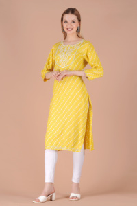 Women Yellow Printed <b>Kurti</b> Ethnic Casual Wear <b>Kurti</b>, Embroidery Work <b>Kurti</b> , Trendy <b>Kurti</b> , New Kurta - Product Image 3