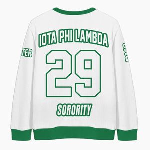 Cardigan tricoté personnalisé pour femmes Iota Phi Lambda, blanc et vert émeraude, avec lettres, blason, numéro et année, boutonné sur le devant - Product Image 6