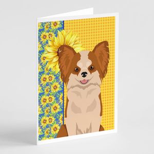 Summer Sunflowers A7 Size 5x7 Whimsical Greeting Cards Pack 8 Longhaired Red <b>White</b> Chihuahua on Blank Note Cards with <b>Envelopes</b> - Product Image 1