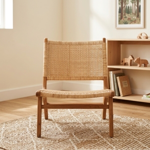 New Modern Minimalist Teak Wood Lounge Chair Natural Rattan Woven Armless Accent Chair Lazy Chair Patio Living Room Furniture - Product Image 3