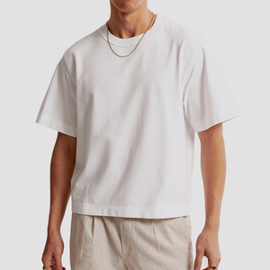 เสื้อยืดแขนสั้นทรงบ็อกซี่สำหรับผู้ชาย เสื้อยืดโอเวอร์ไซส์ผ้าคอตตอน 100% หนานุ่ม ตัดเย็บแบบครอป ไหล่ตก ดีไซน์เรียบง่าย - Product Image 6