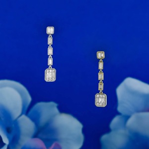 14k Solid <b>Gold</b> Natural Diamond Baguette Milgrain Bezel <b>Dangle</b> Hoop <b>Earings</b> Art Deco Inspired Vintage Style Elegant Fine Jewelry - Product Image 3