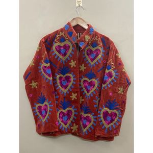 Hand Embroidered Velvet Cotton Jacket <b>Women</b> Mandarin Collar Full Sleeve Winter Bohemian Eye Pattern Open Front <b>Coat</b> - Product Image 1