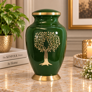 Urne en métal Arbre de Vie avec design inspiré de la nature, finition vert foncé et or, vase commémoratif avec couvercle - Product Image 1