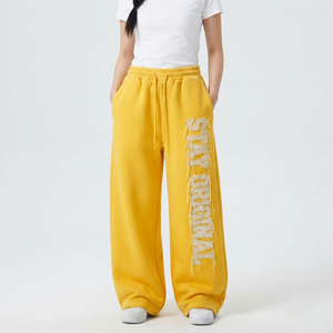 Pantalon polaire large pour femme, style hip-hop, hiver, broderie déchirée, taille à cordon, décontracté, 100 % polyester, longueur intégrale - Product Image 1