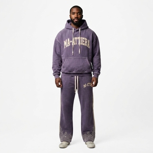 Conjunto de Sudadera con Capucha y Pantalones Deportivos Personalizados para Hombre, Color Morado con Pedrería, Felpa de Algodón, Estilo Urbano, Talla Grande, Venta al Por Mayor OEM - Product Image 1