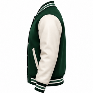 Wholesale OEM Varsity <b>Jacket</b> Forest Green Wool Body Cream Leather Sleeves Striped Rib-Trim Snap Button <b>Letterman</b> <b>Jacket</b> - Product Image 4