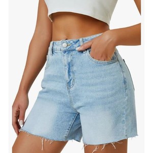 Women's Wholesale Eco-Friendly Sporty Regular Fit <b>High</b> <b>Waist</b> Long Denim <b>Jean</b> <b>Shorts</b> with Drawstring Closure Custom Color & Logo - Product Image 3