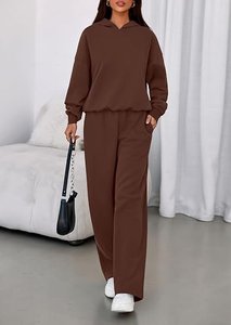 Conjunto de Sudadera con Capucha y Pantalones de Felpa para Mujer, 2 Piezas, Color Sólido, Corte Holgado, Casual, Manga Larga, 100% Algodón, Transpirable, Invierno - Product Image 3