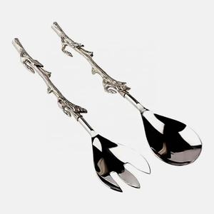 Ensemble de serveurs à salade avec poignée de brindille, miroir argenté mat poli cuillère fourchette service à salade avec poignée de brindille Premium - Product Image 1