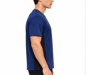 T-shirt pour homme bleu à manches courtes, col rond, coupe classique, séchage rapide, tricoté, 100% coton, couleur unie, logo sur le devant - Product Image 2