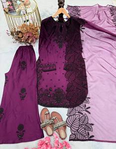 Purple Embroidered Kurti Palazoo Set <b>Women</b> Traditional Indian Pakistani Outfit With Dupatta for Wedding Party Festive <b>Kurta</b> Set - Product Image 4