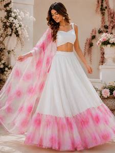 Lehenga de organza con estampado digital de diseñador, con blusa de organza con pelaje y dupatta de organza con estampado digital, conjunto listo para usar. - Product Image 4