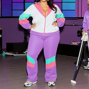 Plus Size Unisex <b>80s</b> 90s Retro Tracksuit Costume 2-Piece Color Block Windbreaker Jacket Wide-Leg Pants <b>Neon</b> Matching Set Winter - Product Image 2