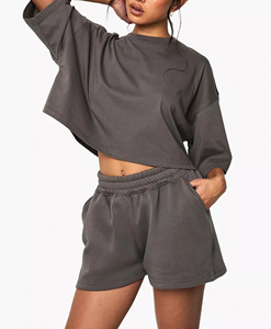 OEM Hot Selling 100% Cotton Solid Color 2 Piece <b>Set</b> for Women's Custom DTF printed logo Oversized Drop Shoulder Ladies Short <b>Set</b> - Product Image 2