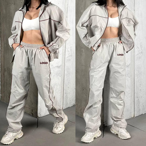 Women 2 Pieces <b>Reflective</b> Edging Jogging Suits Oversize Nylon Customized Windbreaker Jackets Pants Sets Lightweight Tracksuits - Product Image 5