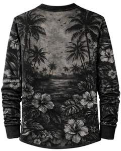 Camisa Henley con estampado de paisaje tropical para hombre, camisa negra y gris de manga larga con botones, estilo playero informal, top ligero de moda - Product Image 2