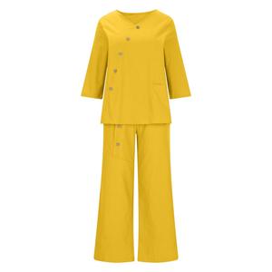Women's Coral V-neck Two Piece Set <b>Three</b> <b>Quarter</b> Sleeve Loose Fit Casual Solid Color Breathable Woven <b>Pants</b> With Buttons - Product Image 5