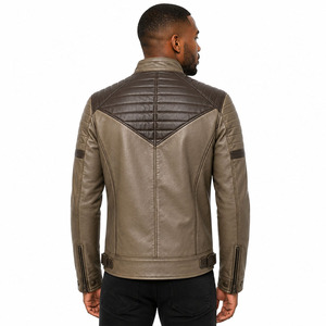 Blouson de motard en cuir véritable pour homme, couleur taupe kaki, avec logo personnalisé, épaules matelassées marron, style vintage, coupe ajustée, fabricant - Product Image 4
