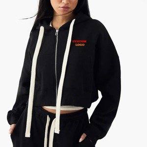 Sweat-shirt à capuche OEM pour femme, style streetwear, décontracté, à manches longues, coupe courte, avec cordon de serrage blanc et logo brodé - Product Image 4